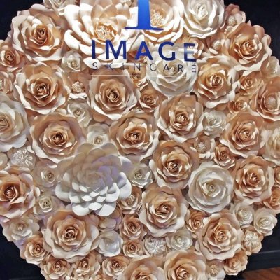Round backdrop decorated with blush and white paper flowers